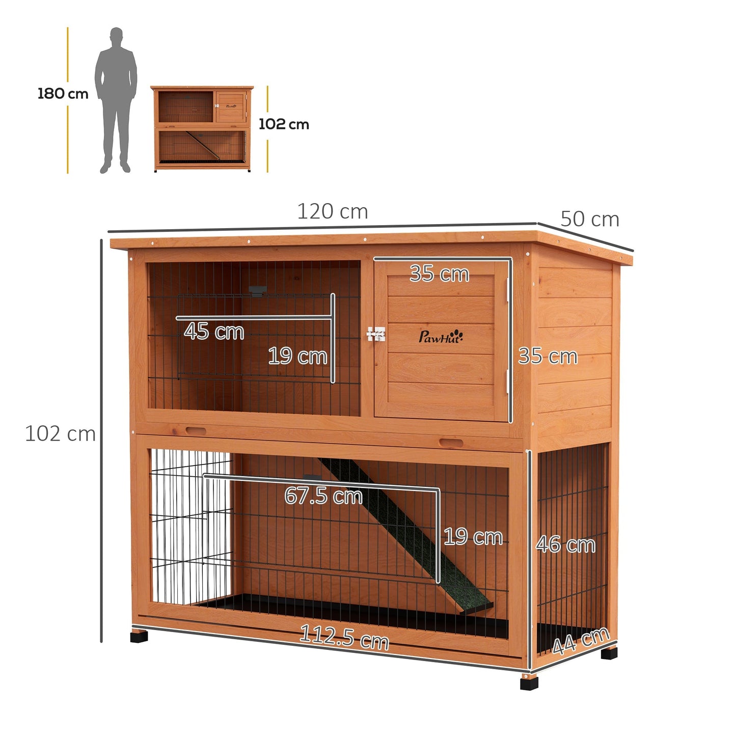 PawHut 2 Tier Antiseptic Wood Rabbit Hutch with Run Outdoor Orange