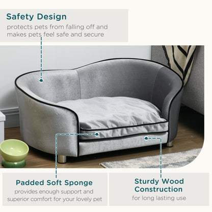 PawHut Dog Sofa Pet Chair, Kitten Bed Couch w/ Wooden Frame, Removable Cushion - Silver-Tone and Grey