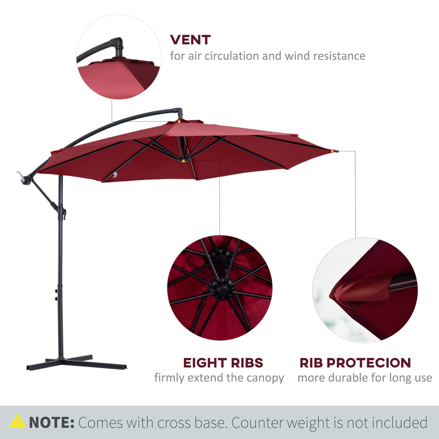 Outsunny Cantilever Parasol Parasol Wiszący Banan Stalowy Ciemnozielony 3M Patio Wino Czerwony