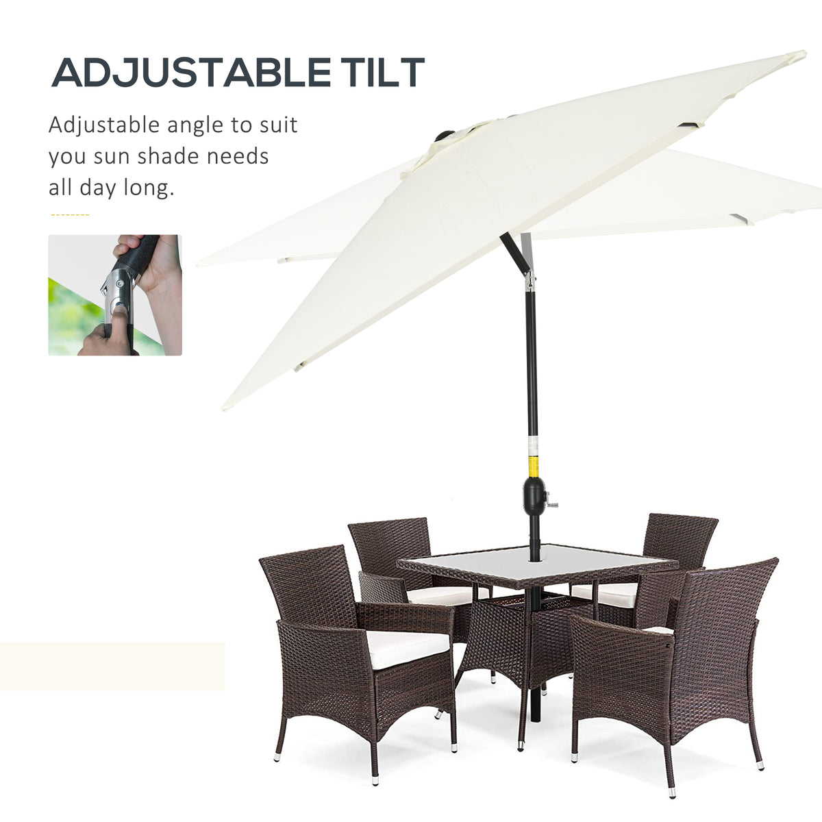 Outsunny 3x2m Garden Parasol Umbrella with Aluminium Pole, Tilt and Crank, Rectangular Outdoor Table Parasol Sun Shade for Patio, Cream White