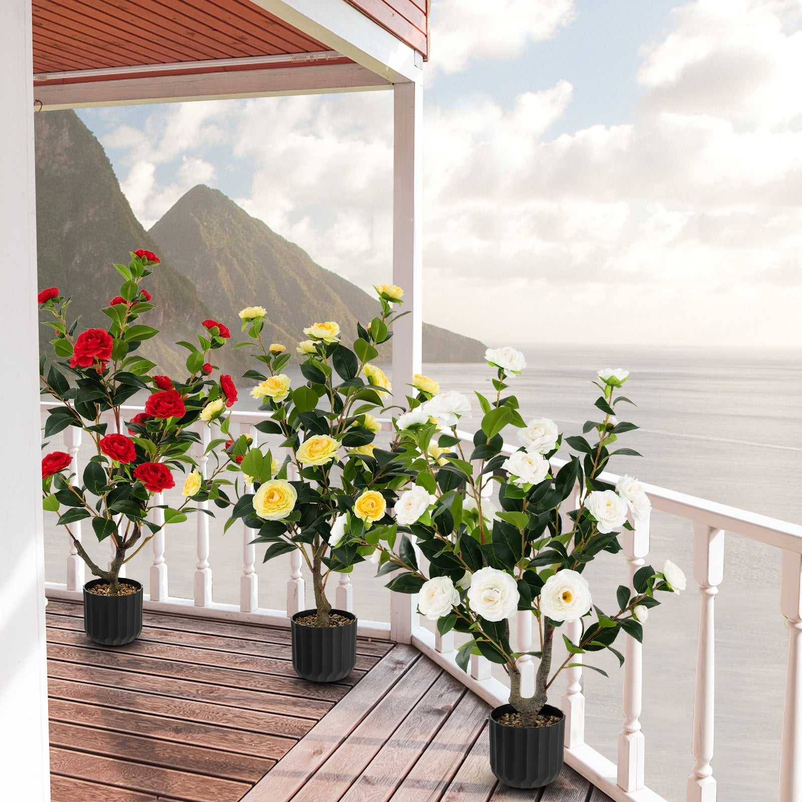 1/2 Pieces 95cm Artificial Camellia Tree with Flowers and Rain-Flower Pebbles-Yellow-2 Pieces
