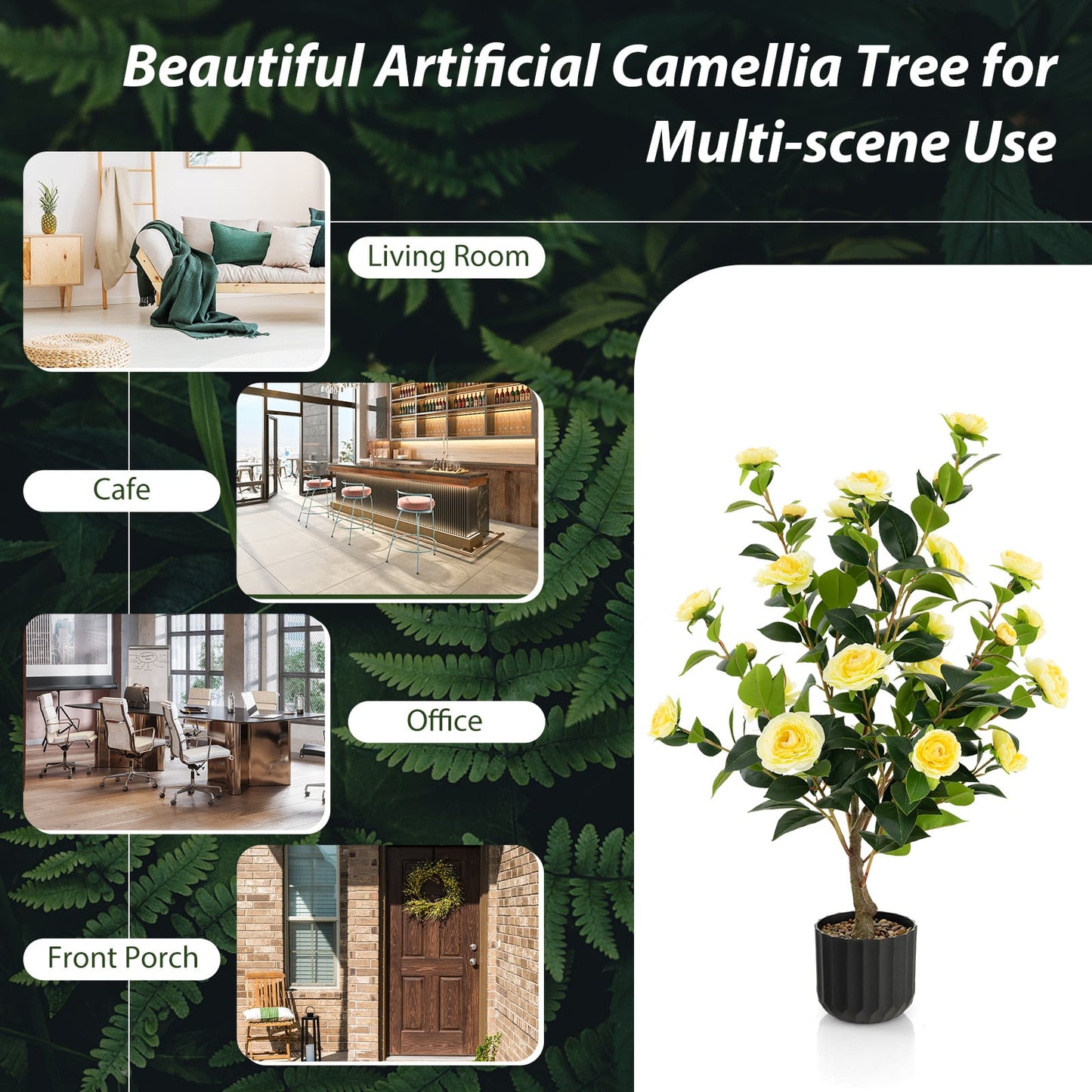 1/2 Pieces 95cm Artificial Camellia Tree with Flowers and Rain-Flower Pebbles-Yellow-2 Pieces
