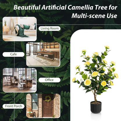 1/2 Pieces 95cm Artificial Camellia Tree with Flowers and Rain-Flower Pebbles-Yellow-2 Pieces