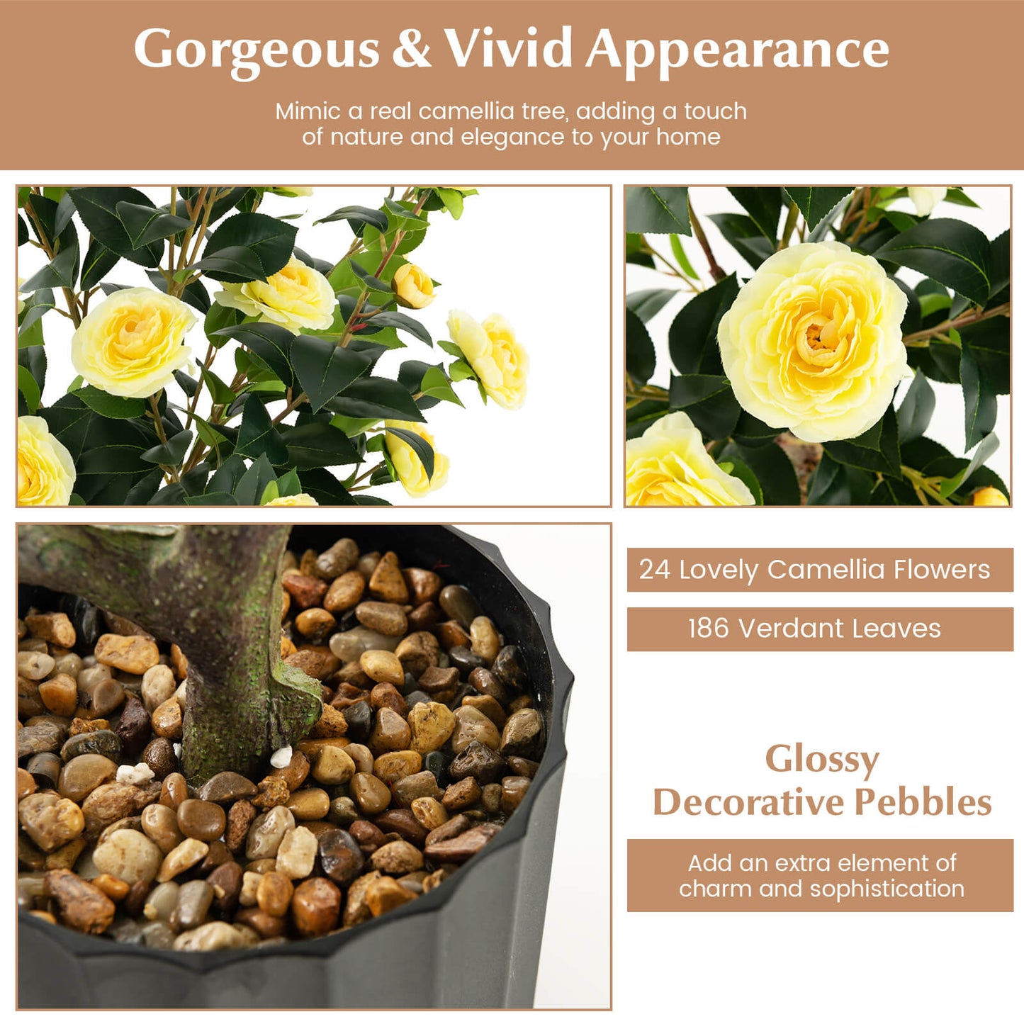 1/2 Pieces 95cm Artificial Camellia Tree with Flowers and Rain-Flower Pebbles-Yellow-2 Pieces