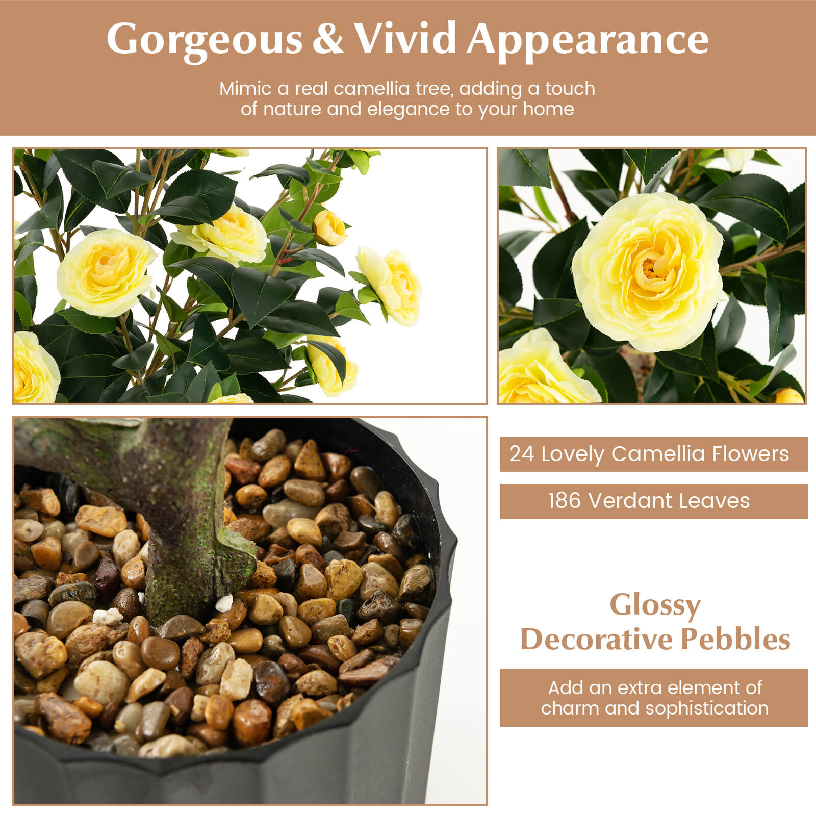 1/2 Pieces 95cm Artificial Camellia Tree with Flowers and Rain-Flower Pebbles-Yellow-2 Pieces