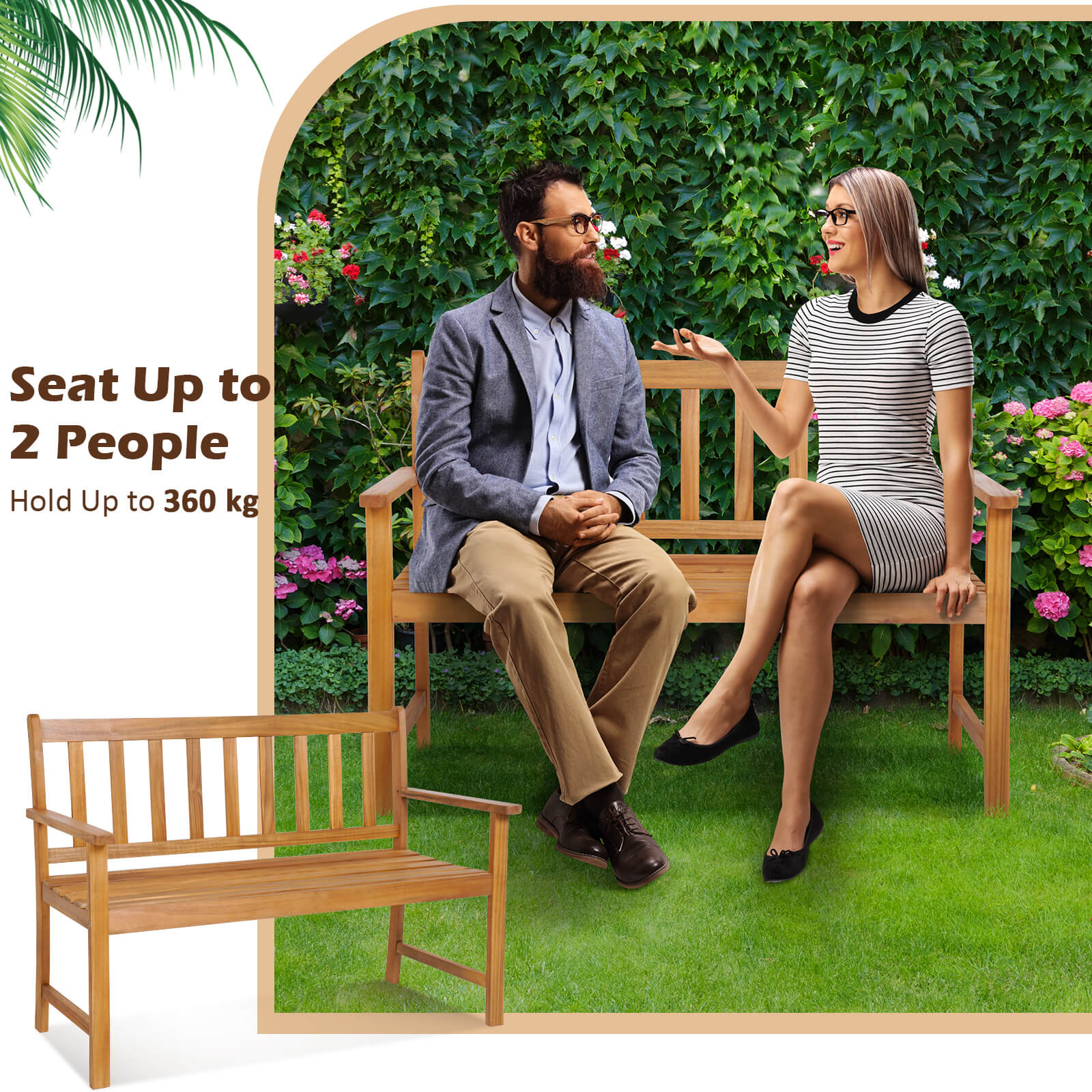 2-Person Patio Wooden Bench with Backrest and Armrests for Garden