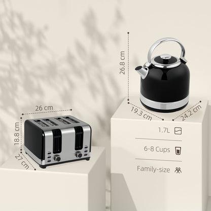 HOMCOM Polished Stainless Steel Kettle and Toaster Set - Black