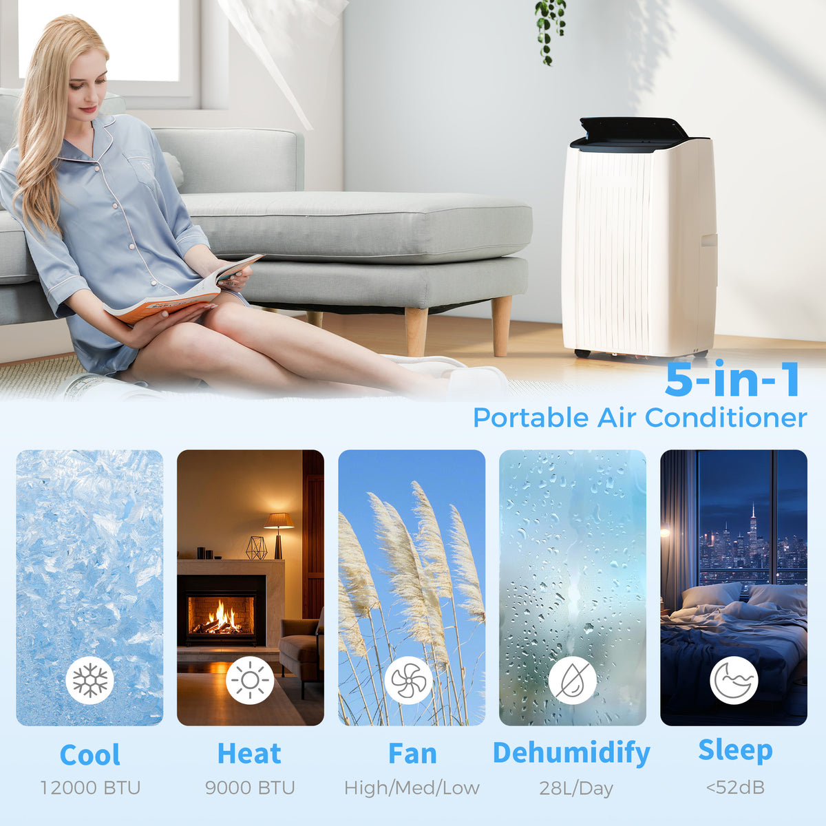 HOMCOM 12000 BTU 5-in-1 Portable Air Conditioner with Cool, Heat, Dehumidifier, Fan, Sleep, WiFi Voice Control, White