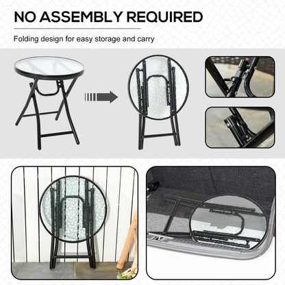 Outsunny Foldable Garden Table, Round Folding Table with Glass Tabletop and Safety Buckle for Patio, Garden, Outdoor, Indoor, Black