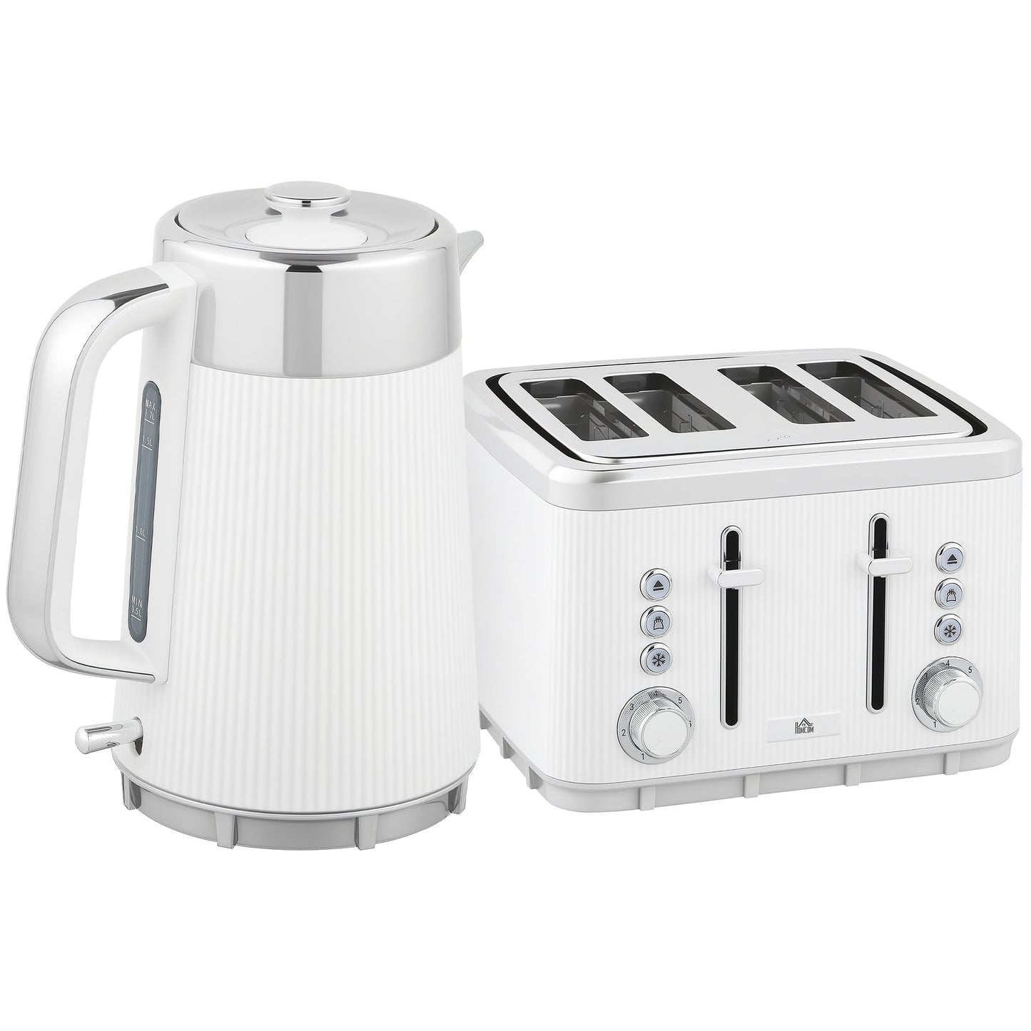 HOMCOM Electric Stainless Steel Kettle and Toaster Set, 3000W 1.7L UK Strix Thermostat Fast Boil Kettle w/ Limescale Filter, Cool Touch Body, 4 Slice Toaster with 7 Browning Levels, Crumb Tray, White