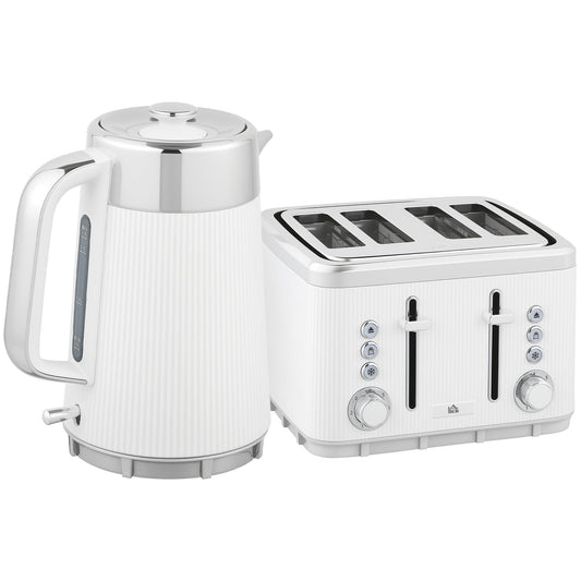 HOMCOM Electric Stainless Steel Kettle and Toaster Set, 3000W 1.7L UK Strix Thermostat Fast Boil Kettle w/ Limescale Filter, Cool Touch Body, 4 Slice Toaster with 7 Browning Levels, Crumb Tray, White