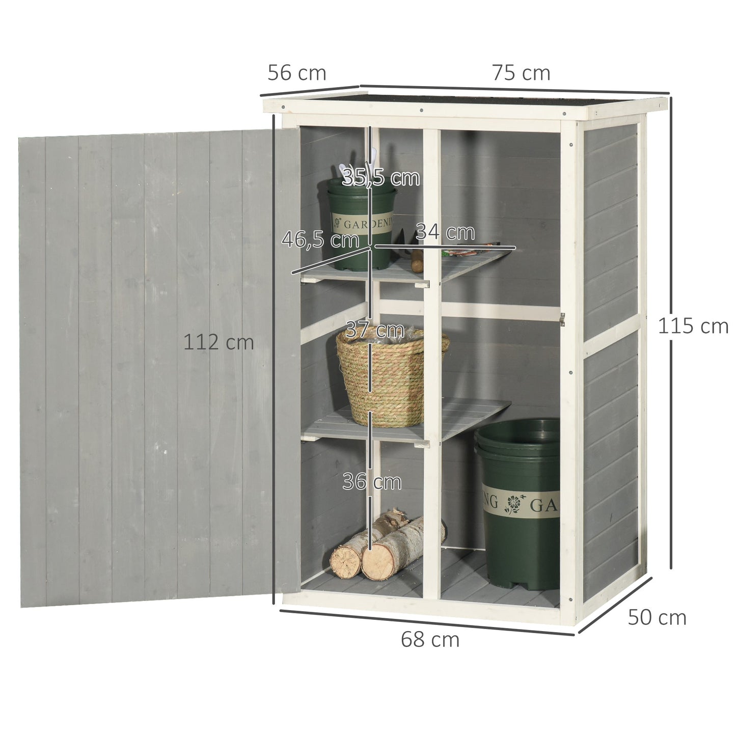 Outsunny Wooden Garden Storage Shed Fir Wood Tool Cabinet Organiser with Shelves 75L x 56W x115Hcm Grey