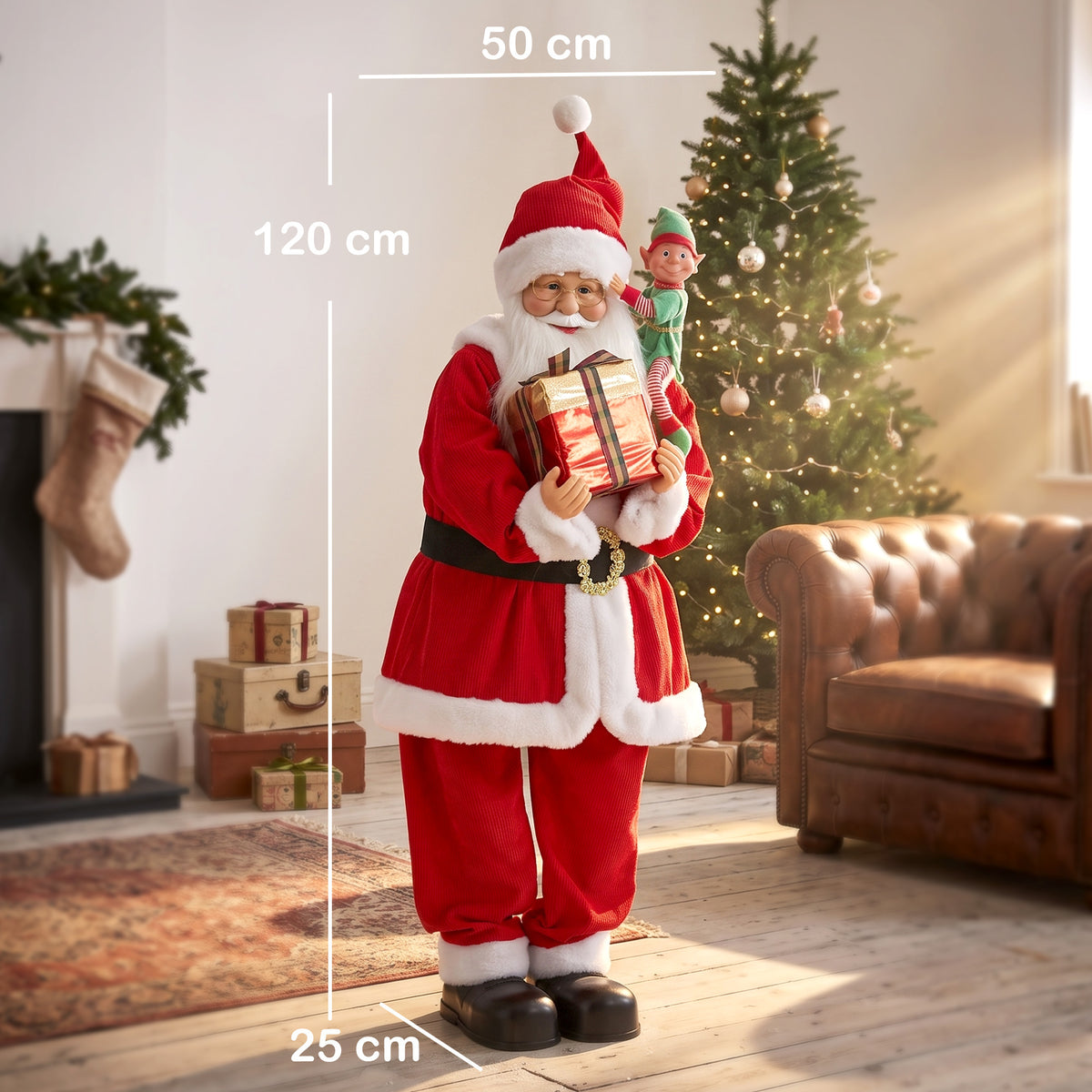 HOMCOM 4ft Singing Dancing Santa Claus, Standing Christmas Animated Santa Figure with Elf, Gift Box, Sound/Touch Activated