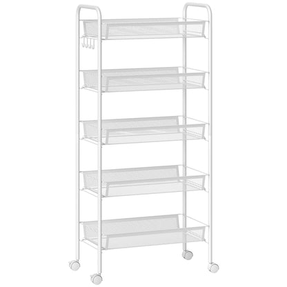 HOMCOM Five-Steel Mesh Basket Storage Trolley, with Wheels - White