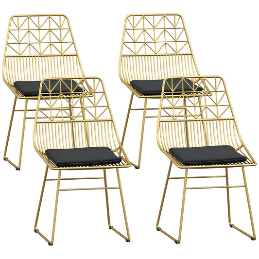 HOMCOM Luxurious Dining Chairs Set of 4, Metal Wire Kitchen Chair with Removable Velvet-feel Cushion, Cut-out Back and Steel Frame for Dining Room, Gold Tone