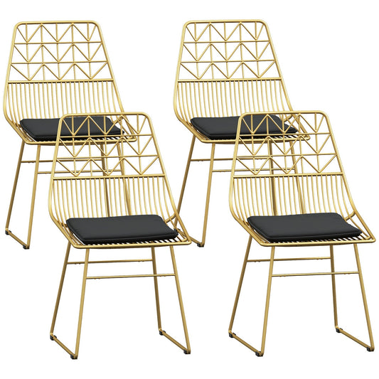 HOMCOM Luxurious Dining Chairs Set of 4, Metal Wire Kitchen Chair with Removable Velvet-feel Cushion, Cut-out Back and Steel Frame for Dining Room, Gold Tone