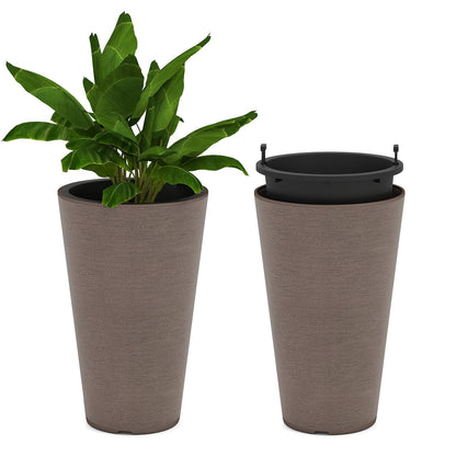 Tall Round Planter Set of 2 with Removable Inner Bucket and Drainage Holes-Brown