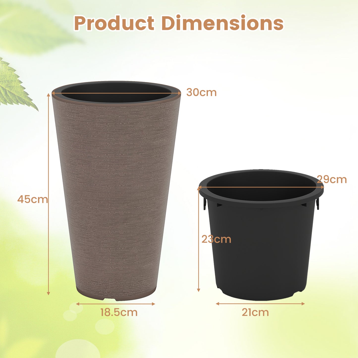 Tall Round Planter Set of 2 with Removable Inner Bucket and Drainage Holes-Brown