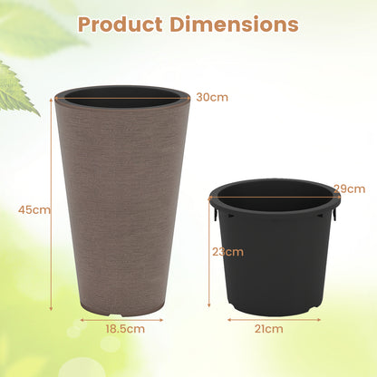 Tall Round Planter Set of 2 with Removable Inner Bucket and Drainage Holes-Brown