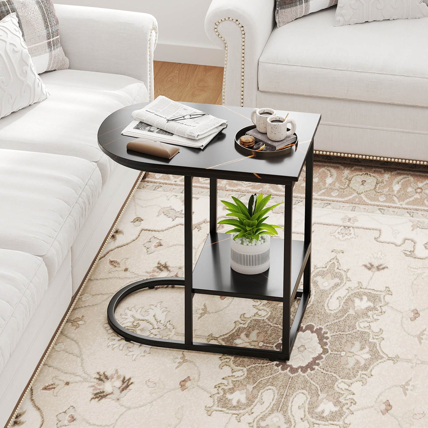 2-Tier C-shaped End Table Modern Sofa Side Table with Metal Frame-Black