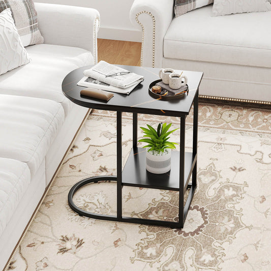 2-Tier C-shaped End Table Modern Sofa Side Table with Metal Frame-Black