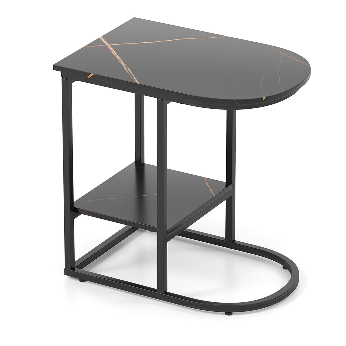 2-Tier C-shaped End Table Modern Sofa Side Table with Metal Frame-Black