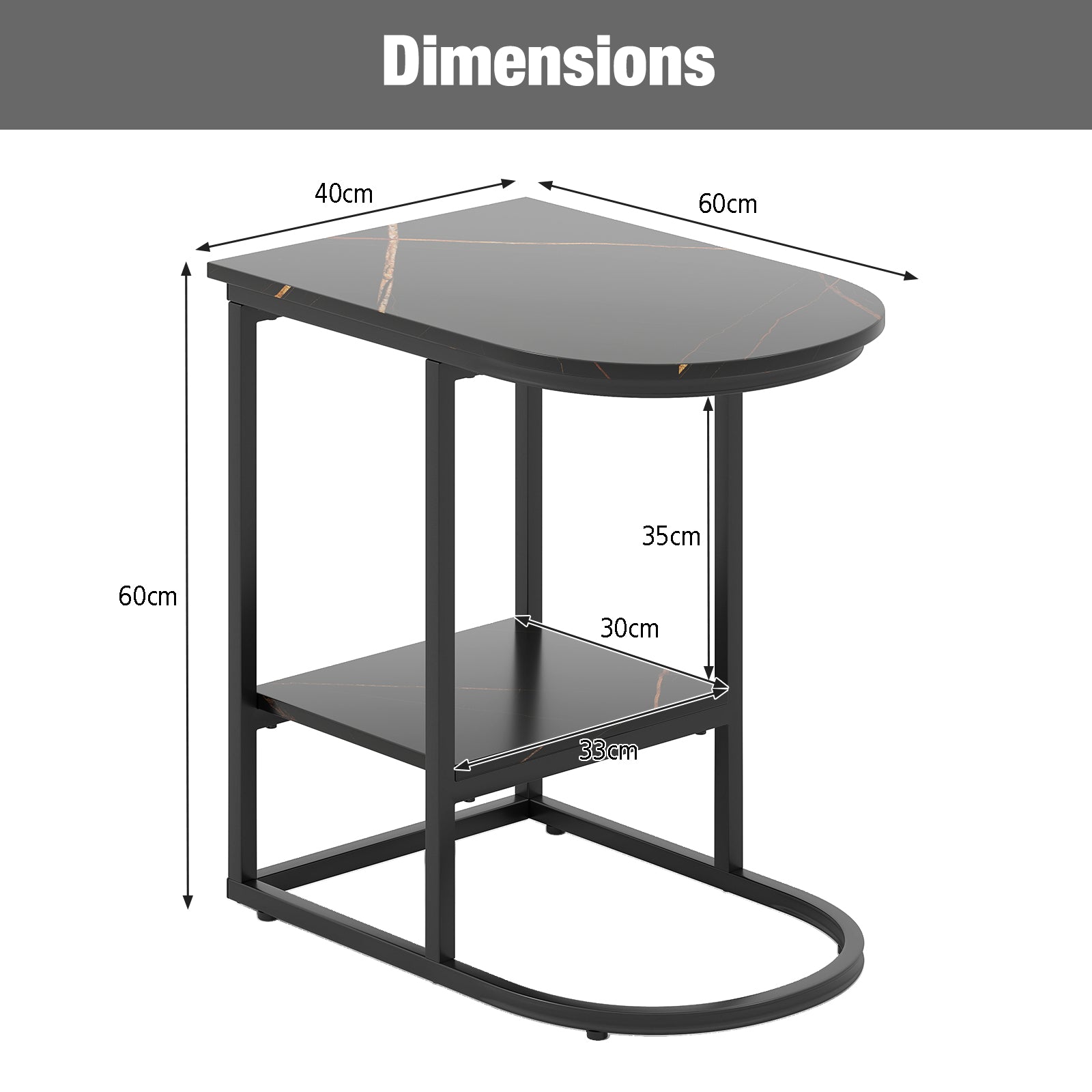 2-Tier C-shaped End Table Modern Sofa Side Table with Metal Frame-Black