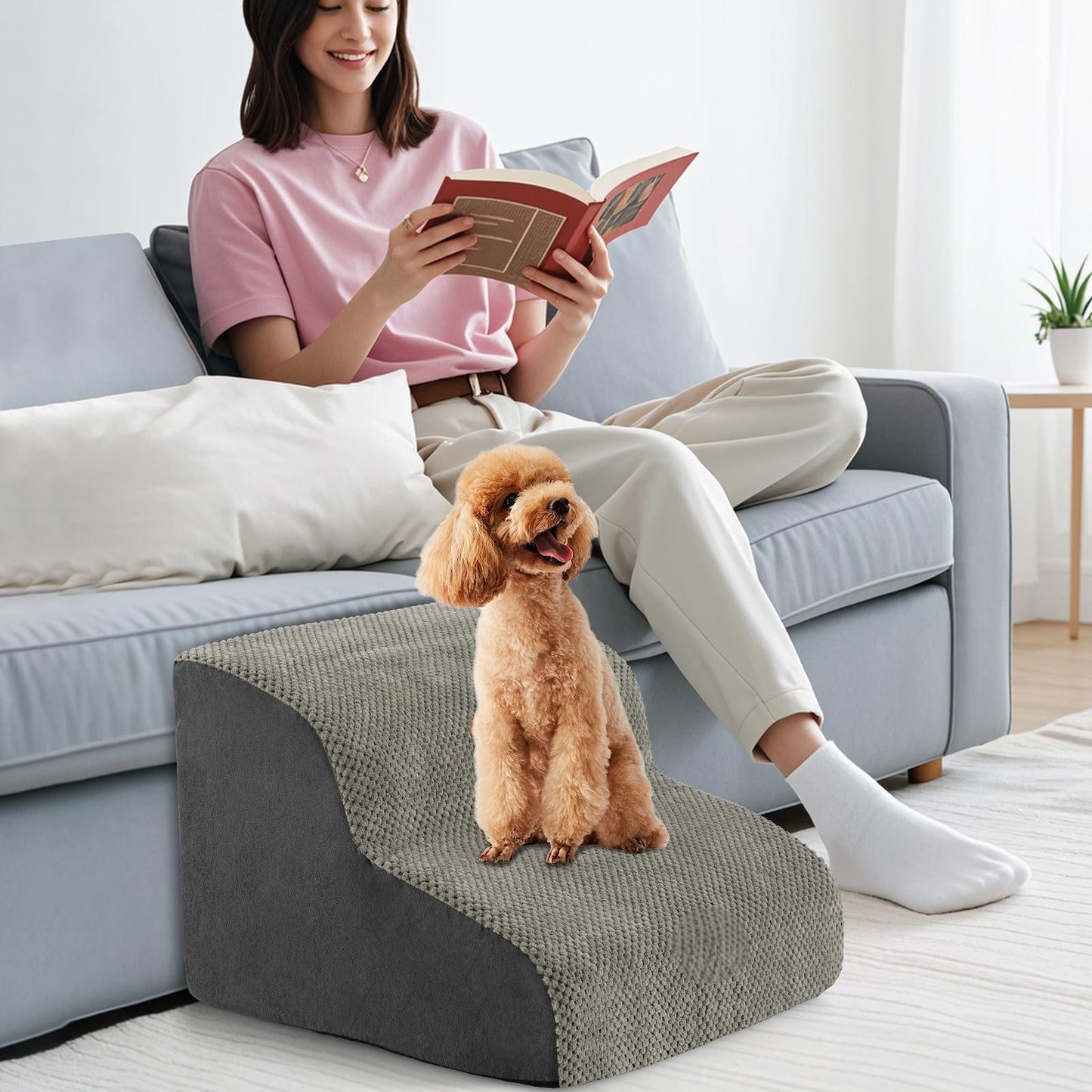 2-Tier Dog Ramp Pet Stairs with Washable Cover and High-Density Foam-Grey