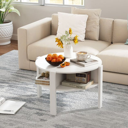 2-Tier Round Coffee Table with 4 Shelves-White