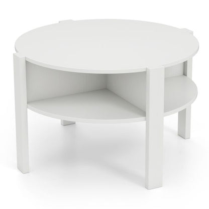 2-Tier Round Coffee Table with 4 Shelves-White