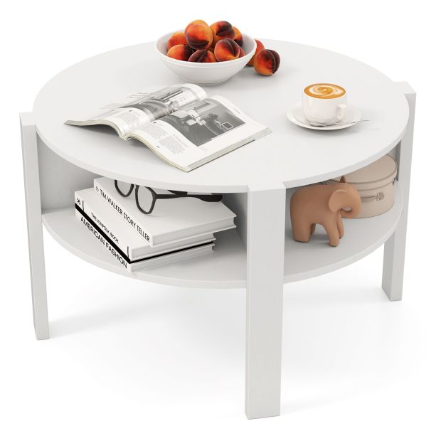 2-Tier Round Coffee Table with 4 Shelves-White