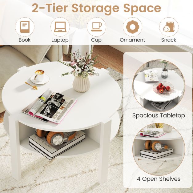 2-Tier Round Coffee Table with 4 Shelves-White