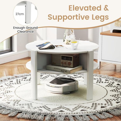 2-Tier Round Coffee Table with 4 Shelves-White