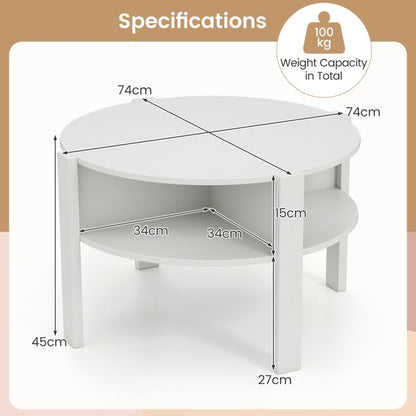 2-Tier Round Coffee Table with 4 Shelves-White