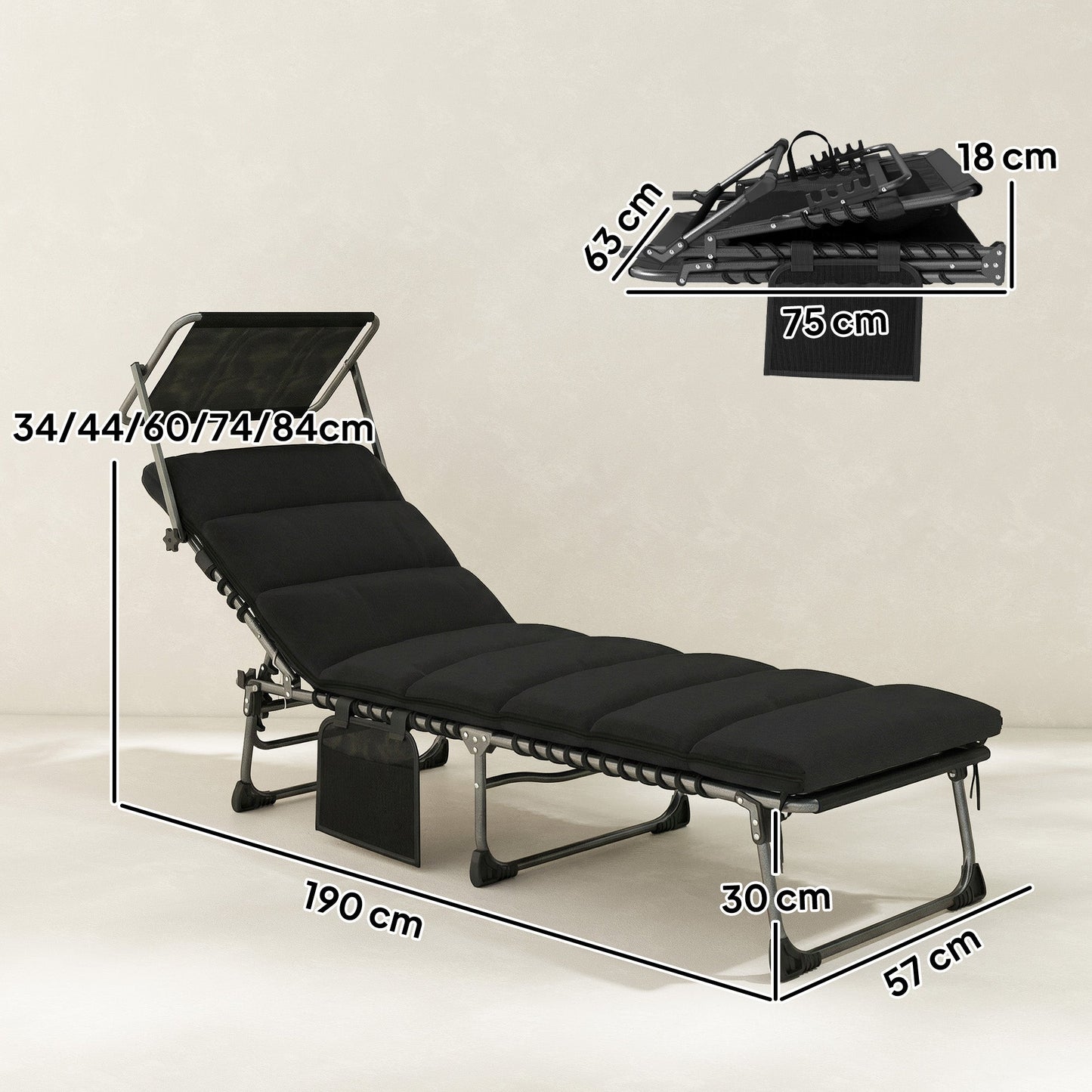 Outsunny Folding Sun Lounger with Canopy, Reclining Sunbed with Cushion, Side Pocket, Carrying Handle, Black