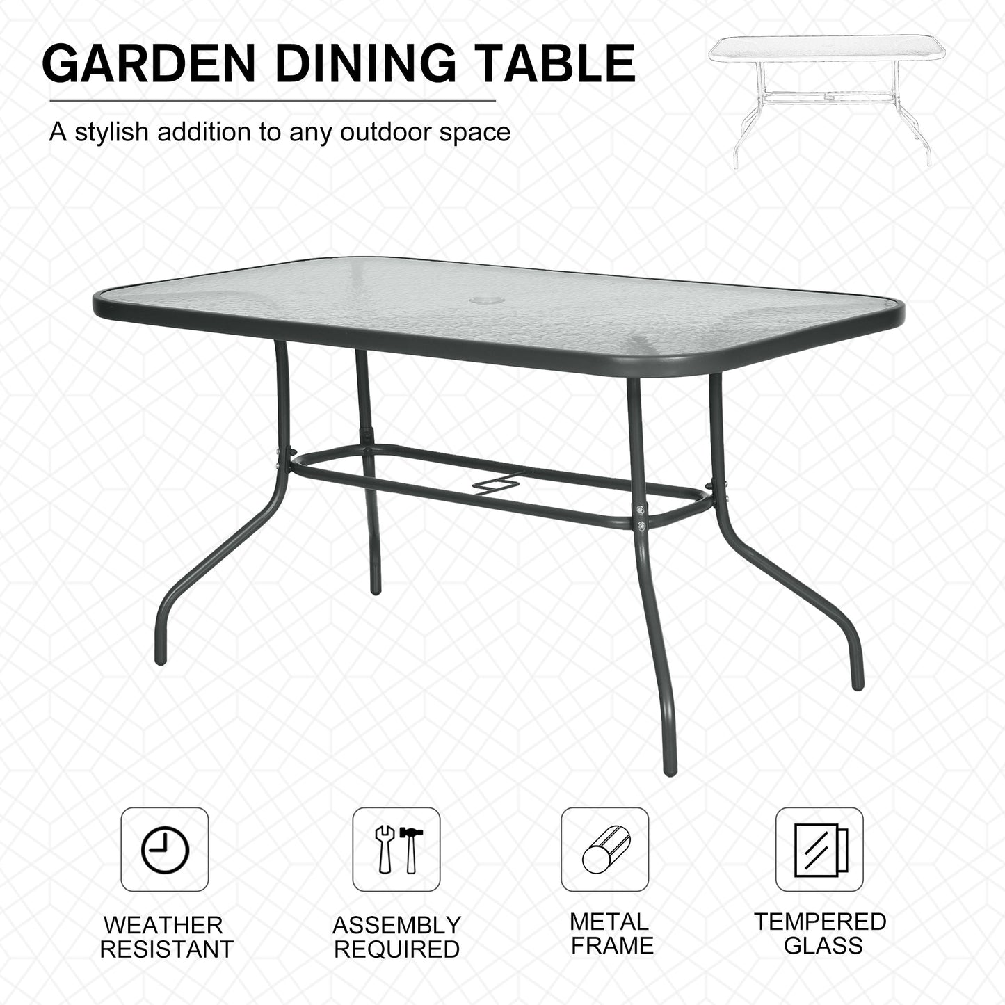 Outsunny Aquatex Glass Garden Table Curved Metal Frame w/ Parasol Hole 4 Legs Outdoor Dining Sturdy Balcony Friends Family Tempered Grey