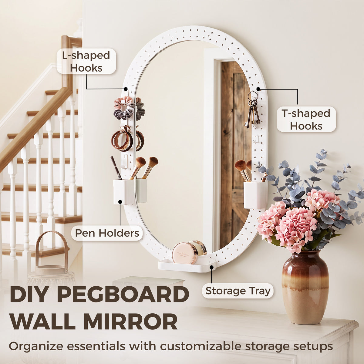 HOMCOM Oval Wall Mirror, 60 x 90 cm Decorative Hanging Mirror with Pegboard Frame, Wall-Mounted, White