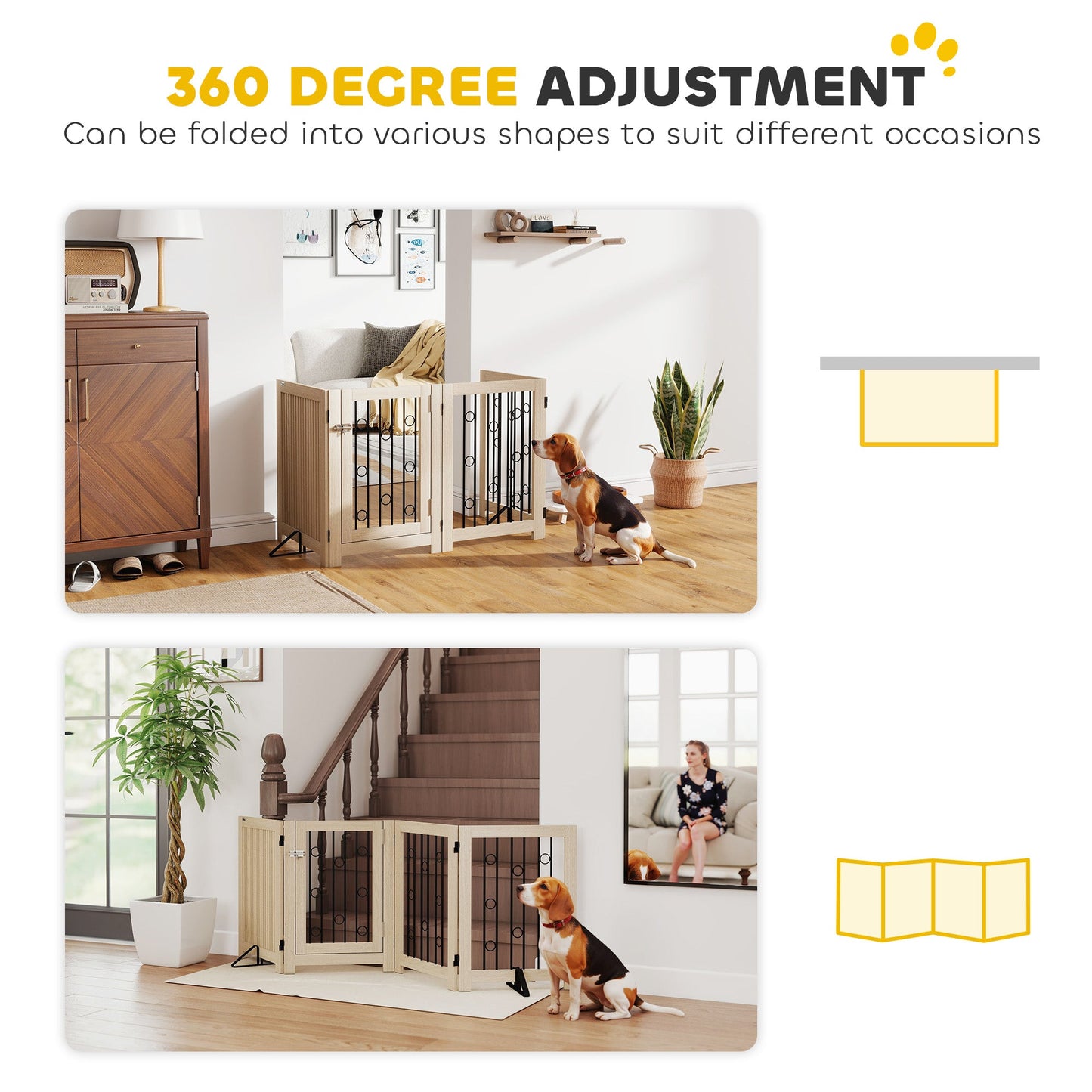 PawHut 4 Panel Freestanding Pet Gate, Indoor Dog Barrier with Lockable Door, Support Feet, 360Â° Flexible Hinges, Oak