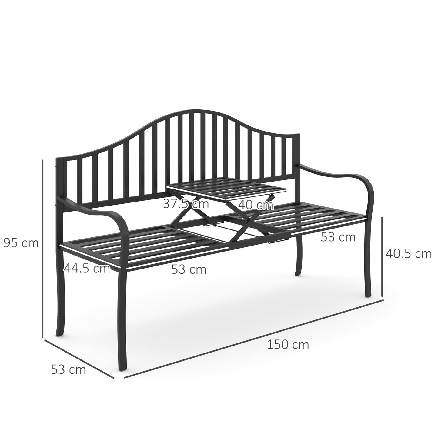 Outsunny Outdoor Metal Frame Bench Patio Park Garden Seating Chair with Foldable Middle Table