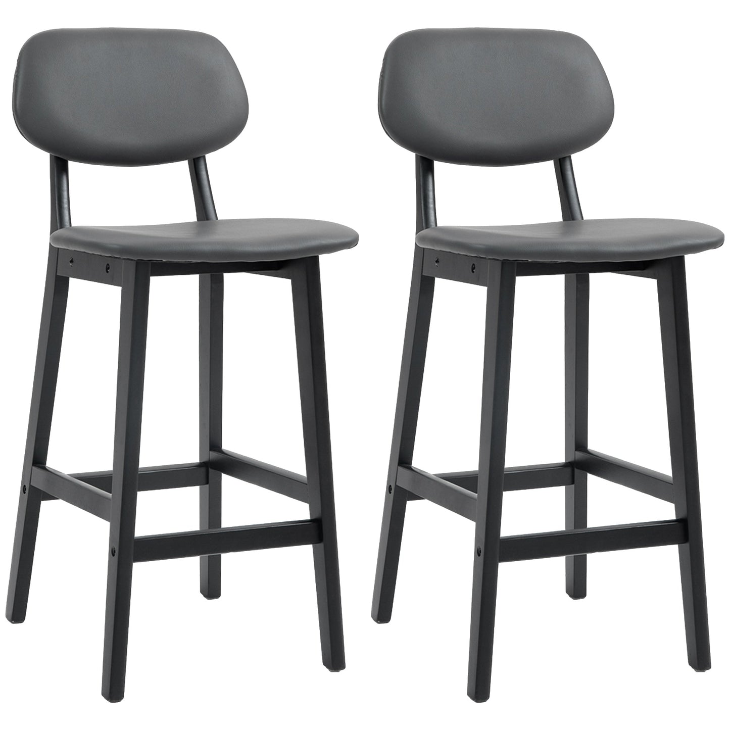 HOMCOM Bar Stools Set of 2, Breakfast Bar Chairs, PU Leather Upholstered Kitchen Stools with Backs, Footrests and Solid Wood Legs, Dark Grey