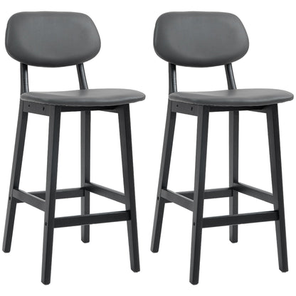 HOMCOM Bar Stools Set of 2, Breakfast Bar Chairs, PU Leather Upholstered Kitchen Stools with Backs, Footrests and Solid Wood Legs, Dark Grey