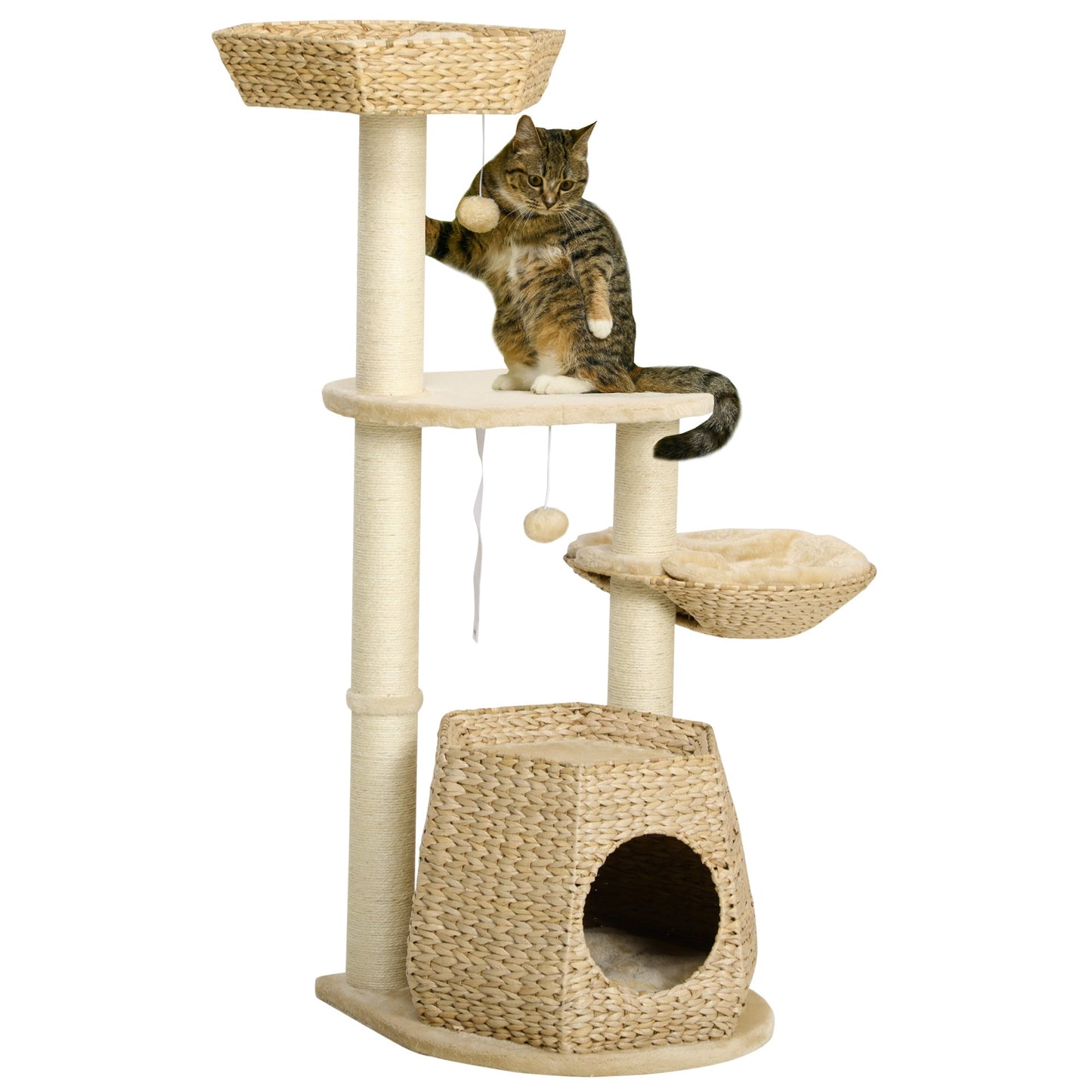 PawHut Cat Tree Activity Centre, with Cattail, Bed, Cat House, Sisal Post, Ball - Natural Tone