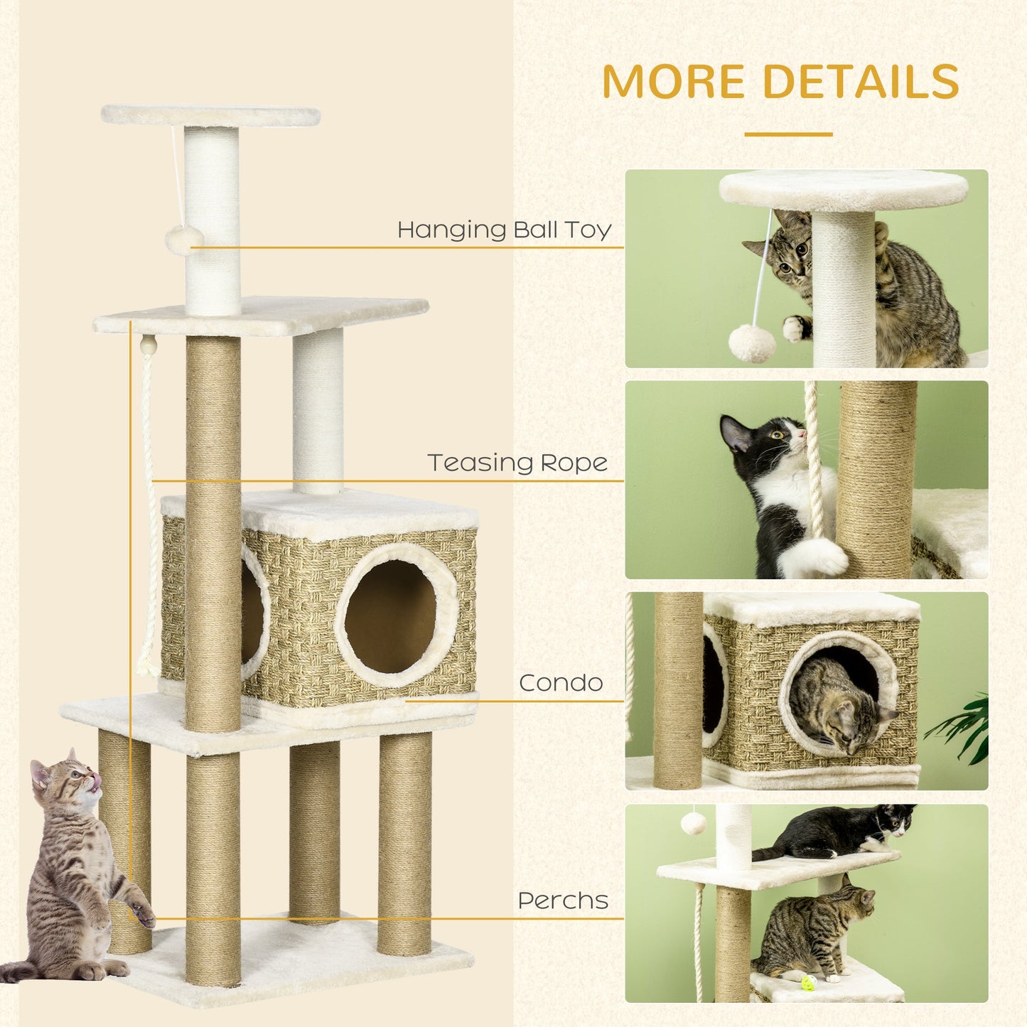 PawHut Cat Tree, with Scratching Post, Cat House & Hanging Toy Ball - Beige