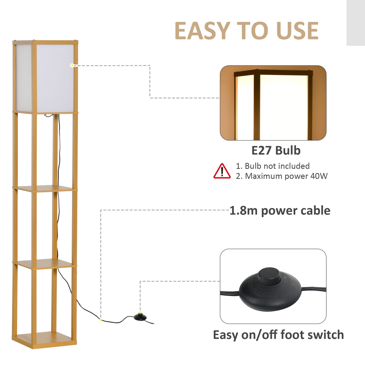 HOMCOM 3-Tier Floor Lamp, Floor Light with Storage Shelf, Reading Standing Lamp with Acrylic Shade for Living Room, Bedroom, Kitchen, Dining Room, Office, Dorm, 160cm, Natural
