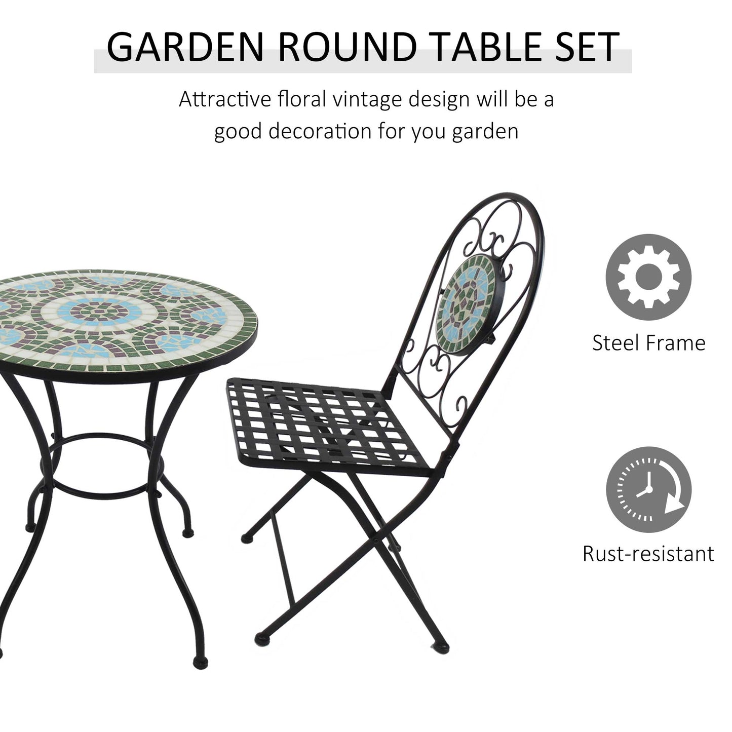 Outsunny 3PCs Bistro Set, Outdoor Metal Frame Mosaic Decoration Garden Table and Chair Set, Patio Folding Chairs Furniture Set