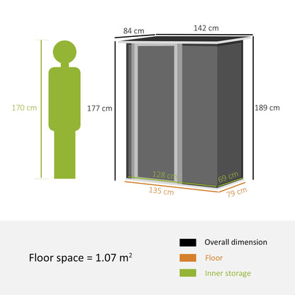 Outsunny Garden Storage Shed, Outdoor Tool Shed with Sloped Roof, Lockable Door for Equipment, Bikes, Grey, 142 x 84 x 189cm