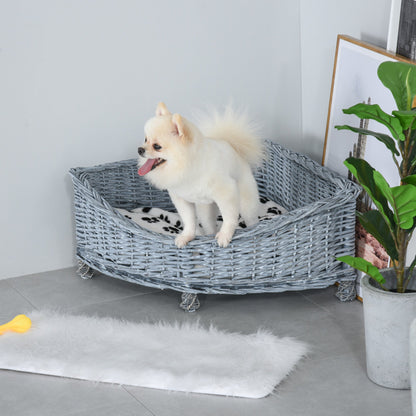 PawHut Wicker Dog Corner Basket Pet Bed Sofa Couch with Soft Plush Cushion Elevated Base Grey w/