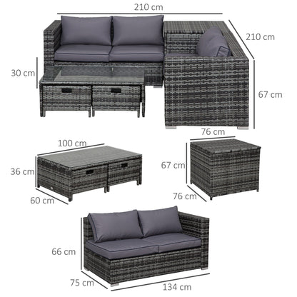 Outsunny 4-Seater Rattan Wicker Garden Furniture Patio Sofa Storage & Table Set w/ 2 Drawers Coffee Table,Great Cushioned 4 Seats Corner Sofa - Grey