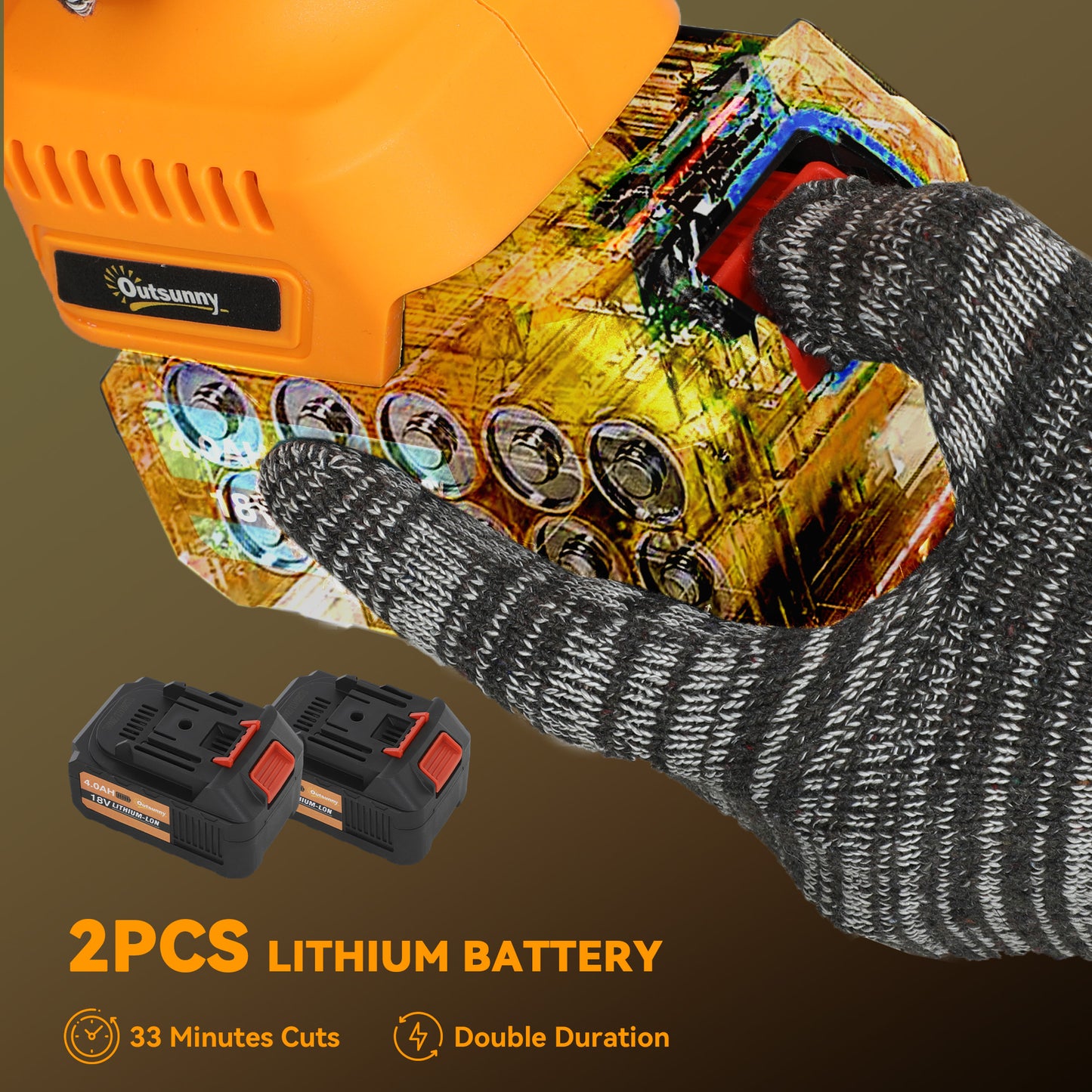 Outsunny 8-calowa elektryczna piła łańcuchowa, bezprzewodowa mini piła łańcuchowa z silnikiem bezszczotkowym, 2 bateriami 4000 mAh i blokadą bezpieczeństwa, przenośna ręczna piła do przycinania drewna, pomarańczowa