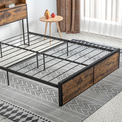 Retro Style Industrial King Bed Frame, 5.2FT Steel Bed Base w/ Storage Headboard, Footboard, Under Bed Storage, 158 x 222cm, Rustic Brown